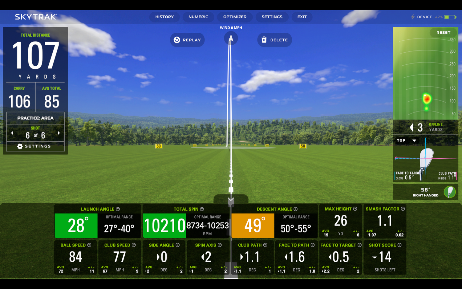 Visual guide to SKYTRAK golf ball metrics showing launch angle, backspin, and side spin axis for indoor golf simulator ball flight analysis.