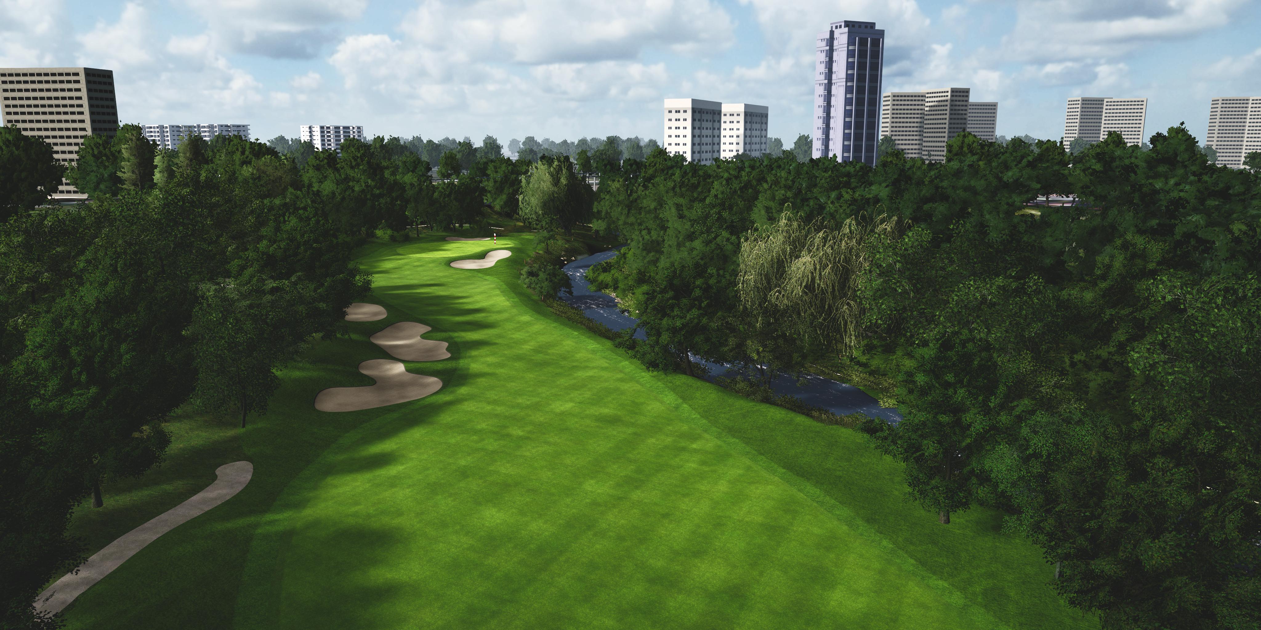 Golf course with green grass and trees, surrounded by urban buildings.