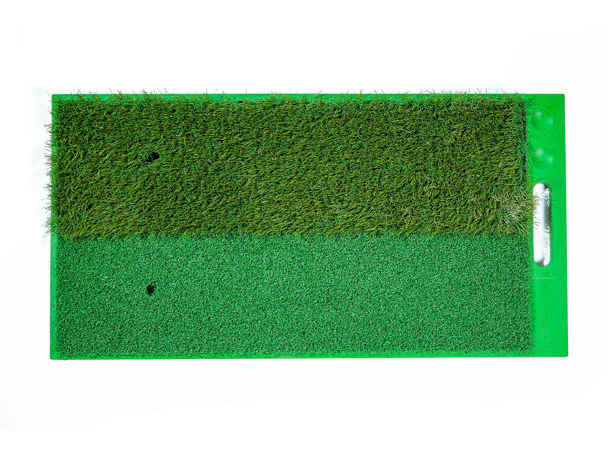 Multi purpose golf practice mat featuring fairway and first cut rough grass