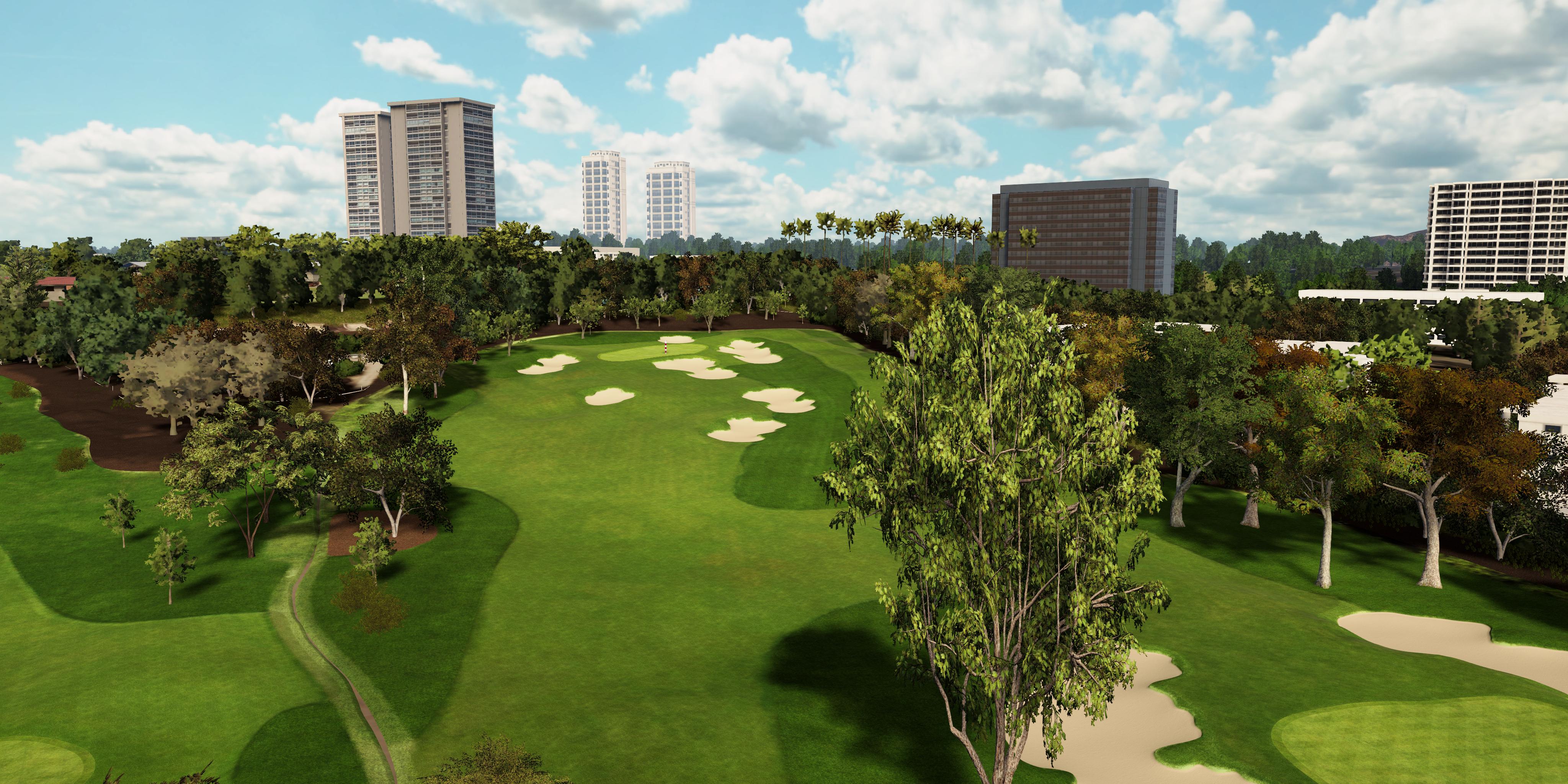 Golf course with trees and buildings in the background