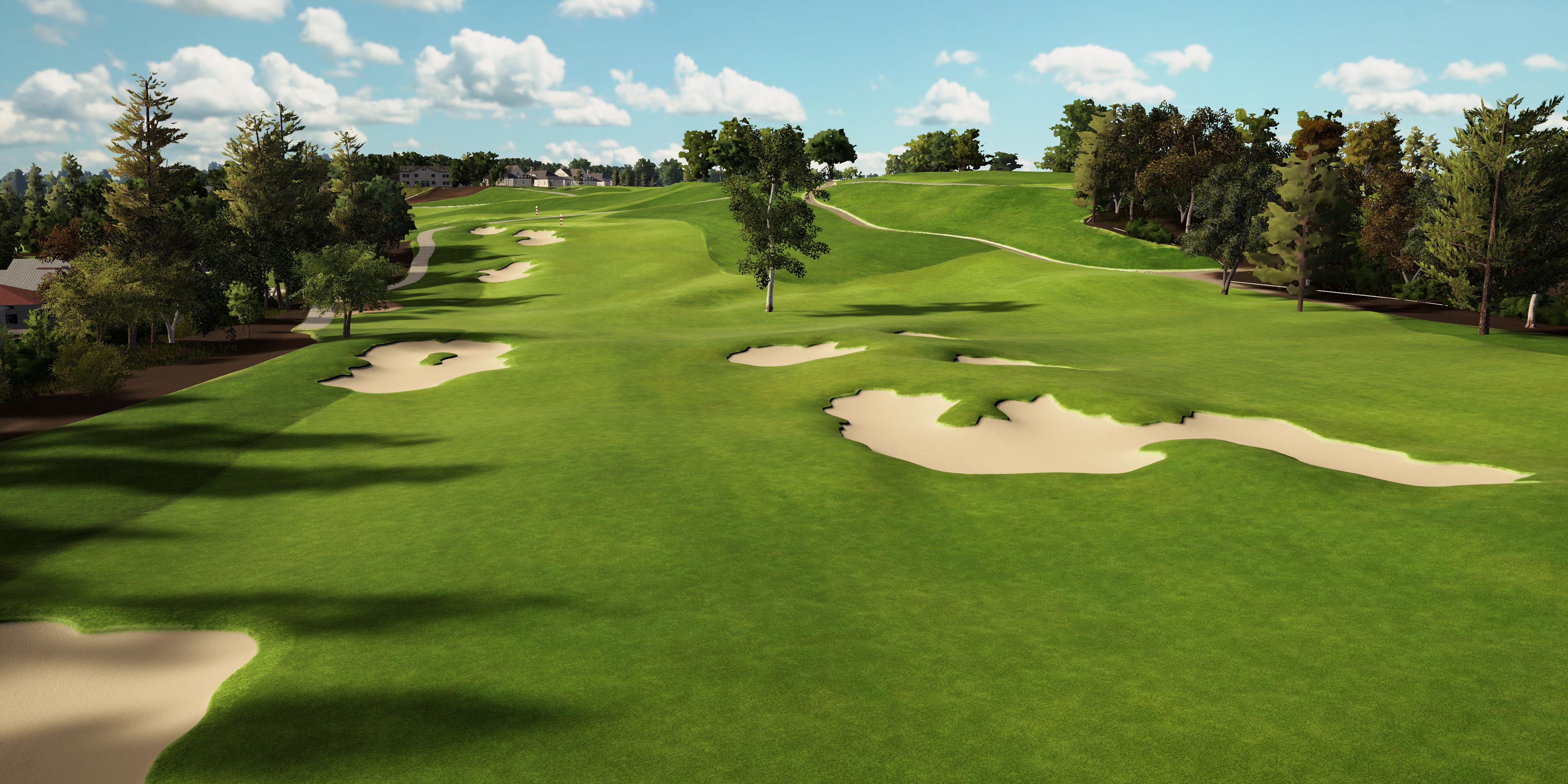 Golf course with green grass, sand bunkers, and trees under a blue sky.