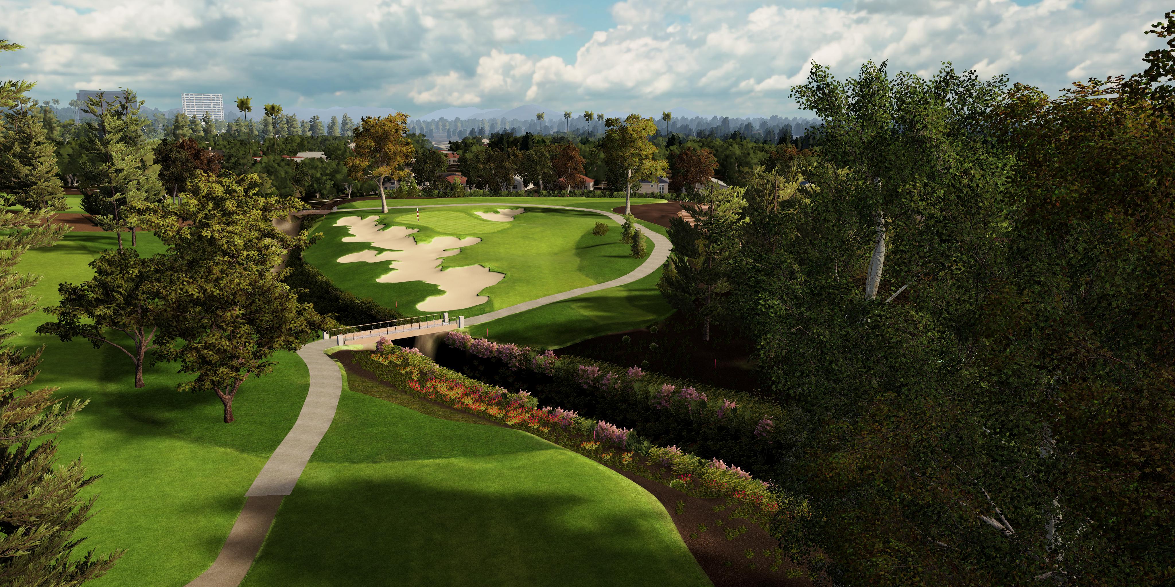 Golf course with green grass, sand bunkers, and trees under a cloudy sky.