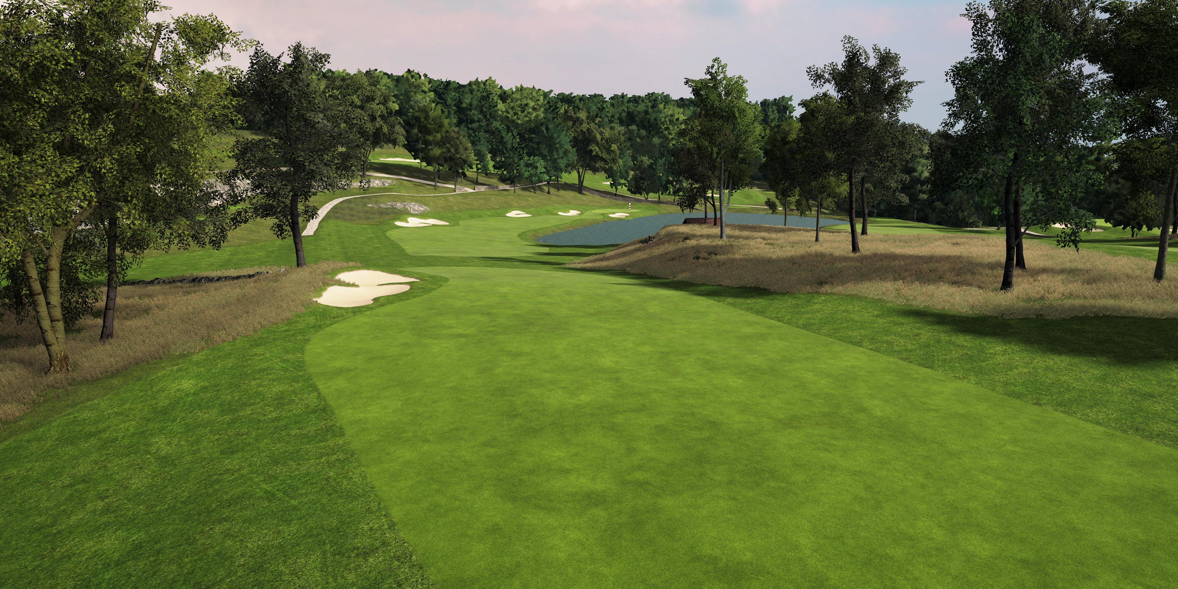Golf course with green grass, trees, and a clear sky