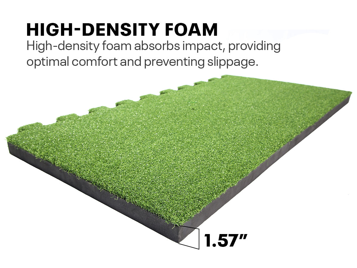 High density foam golf mat absorbs impact and provides comfort while preventing slippage