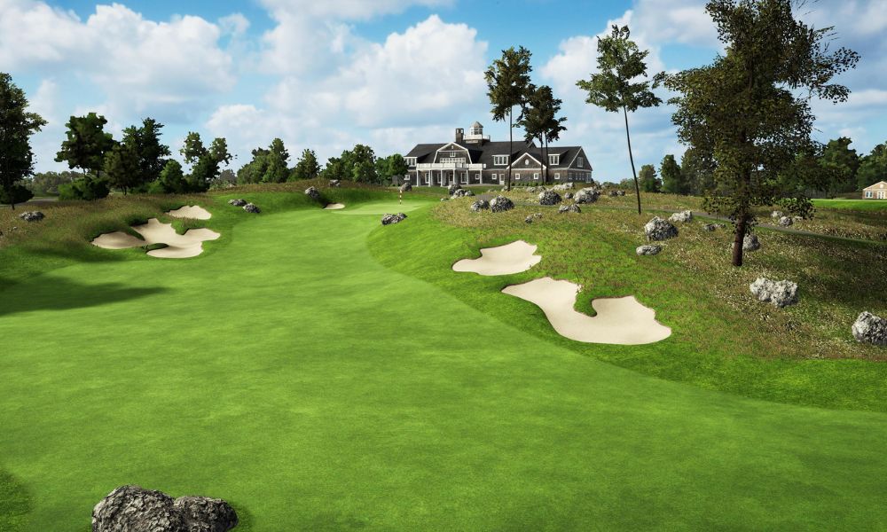 Golf course with green grass, sand bunkers, and a clubhouse in the background.