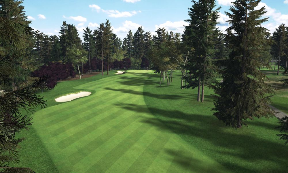 Golf course with green grass, trees, and a sand bunker.