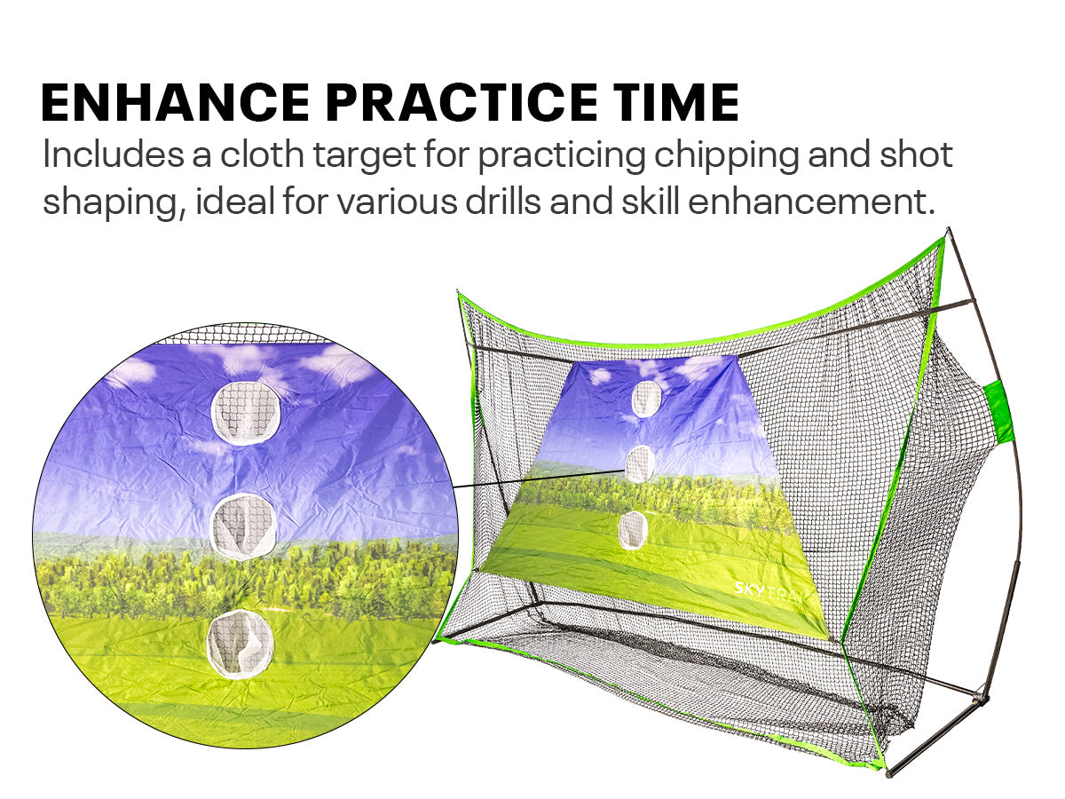 Cloth target for practicing golf shots with SKYTRAK indoor and outdoor hitting net