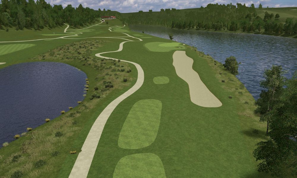 Golf course with green fairways, sand bunkers, and a lake in the background