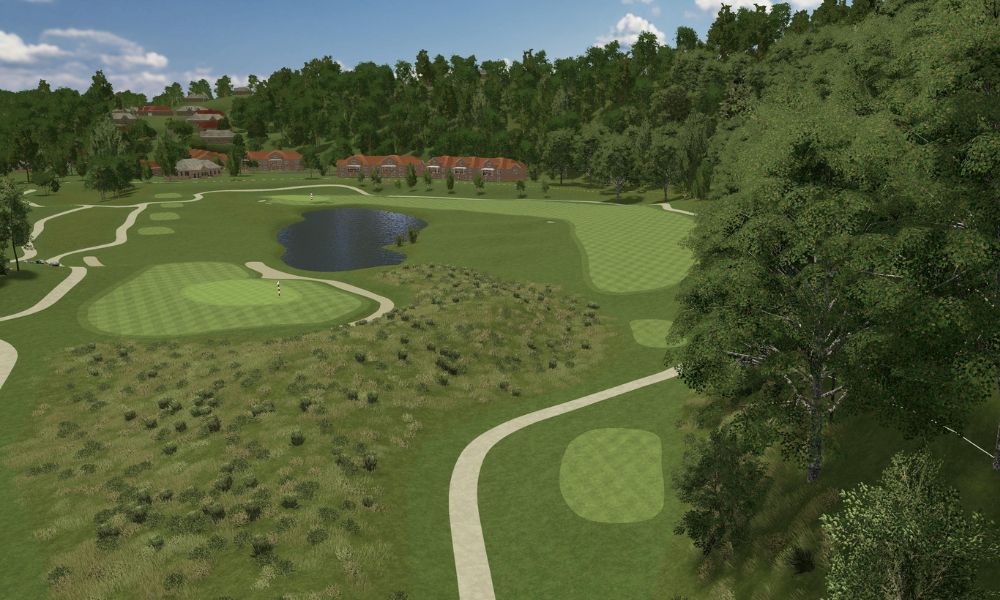 Golf course with green fairways, a pond, and clubhouse surrounded by trees.