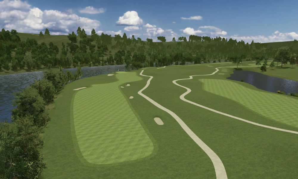 Golf course with green fairway, sand trap, and trees under a blue sky.