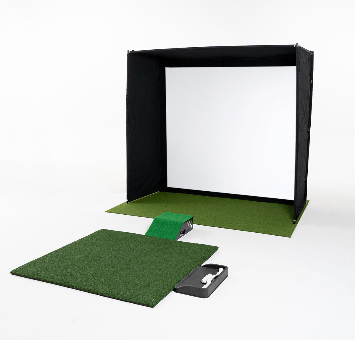 Golf simulator studio with screen, mats, and launch monitor case on a white background