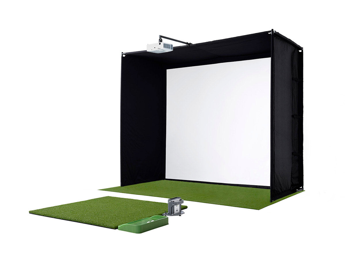 Golf practice simulator with screen, green mat, and equipment on a white background
