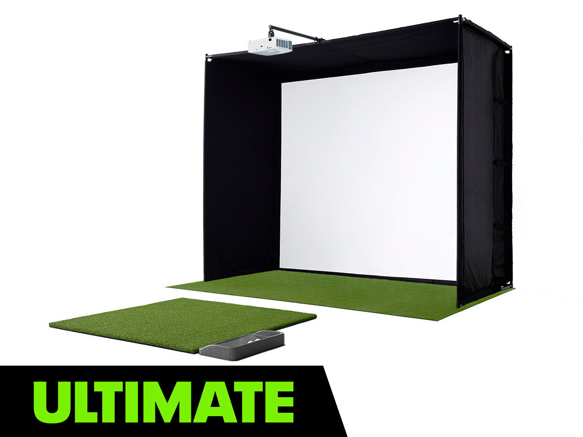 Golf practice simulator with screen and mat on a white background