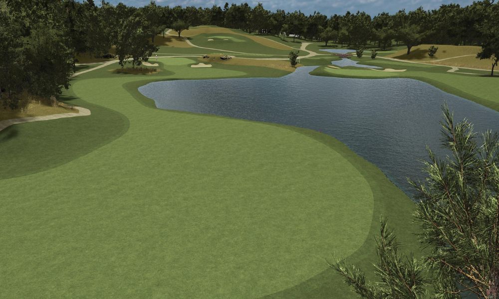 Golf course with a green and water feature