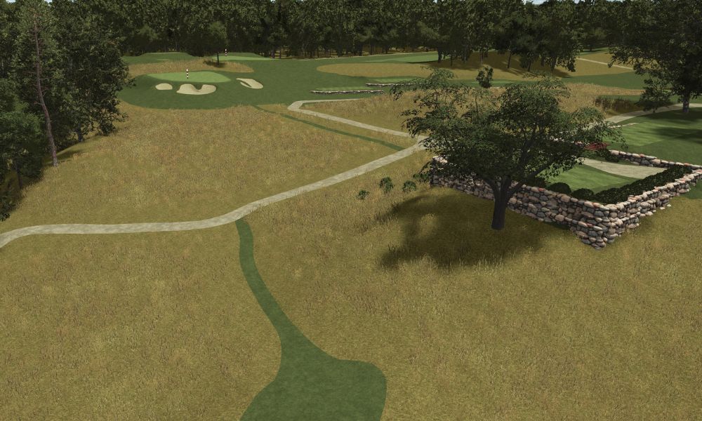 Golf course with green grass, trees, and a small building.
