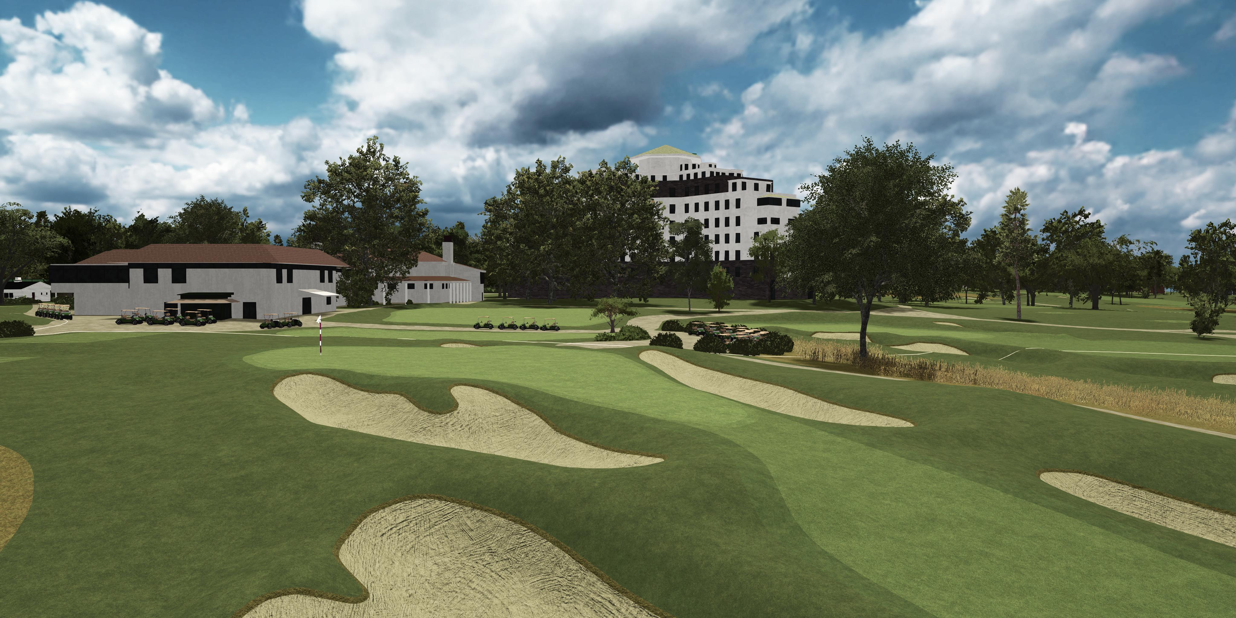 Westchester golf course with green grass, sand bunkers, and a building in the background under a blue sky with clouds.
