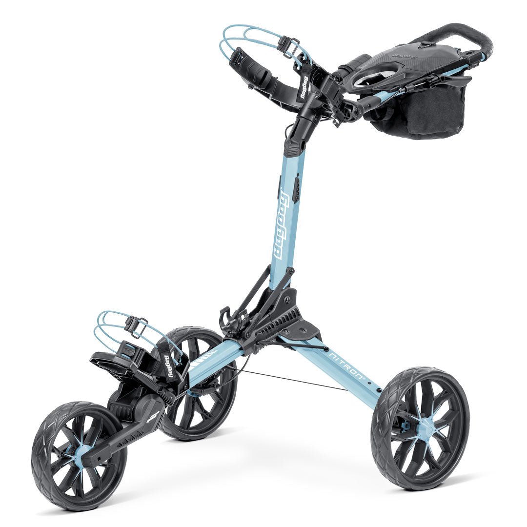 Bag Boy Nitron golf cart, ice blue and white, right view