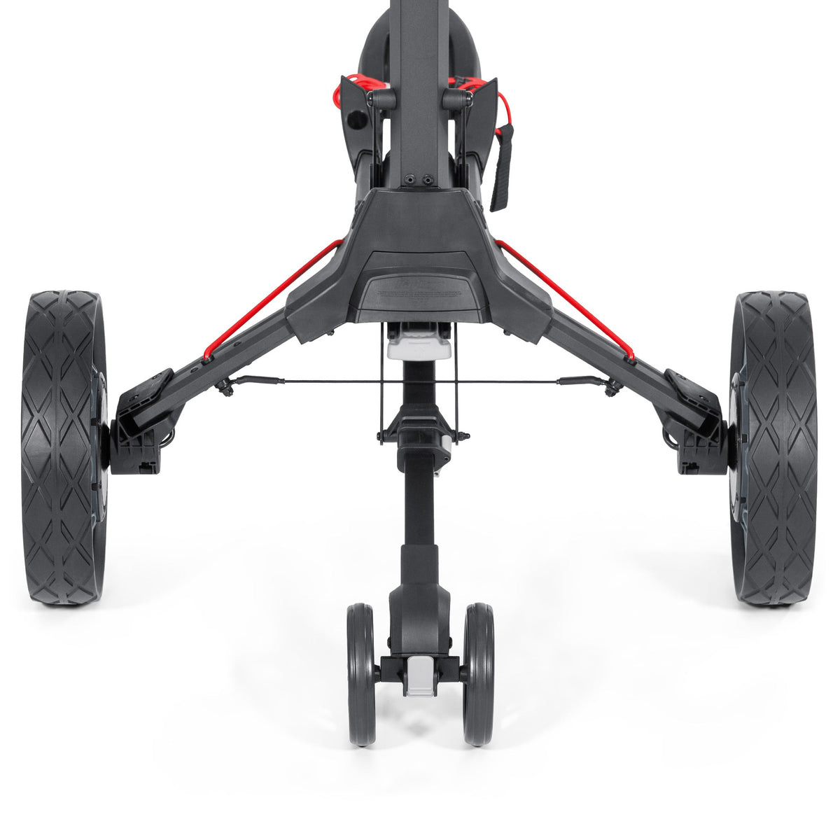 Bag Boy Volt golf cart, black and red, low rear view