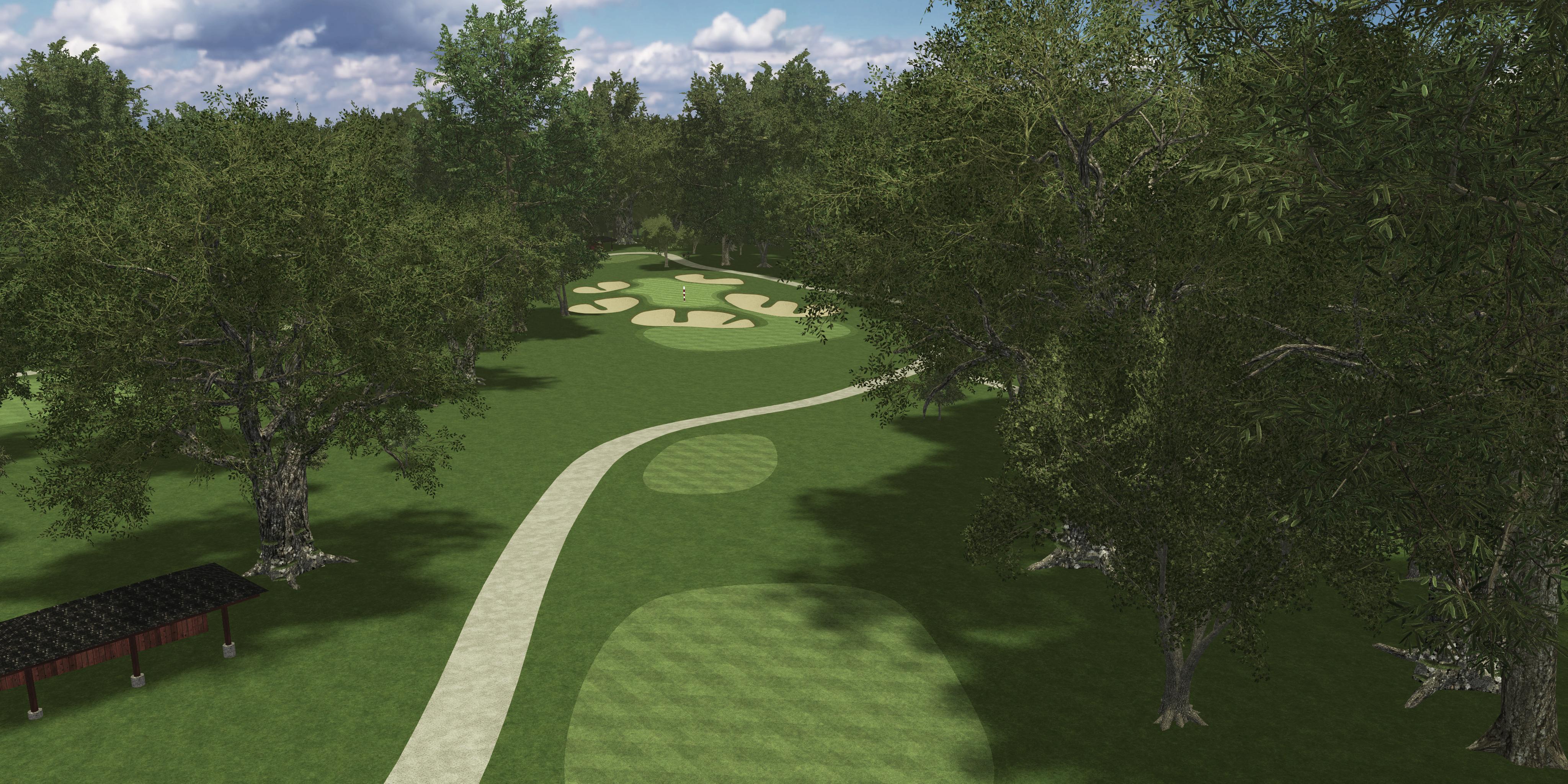 Golf course with trees and a path