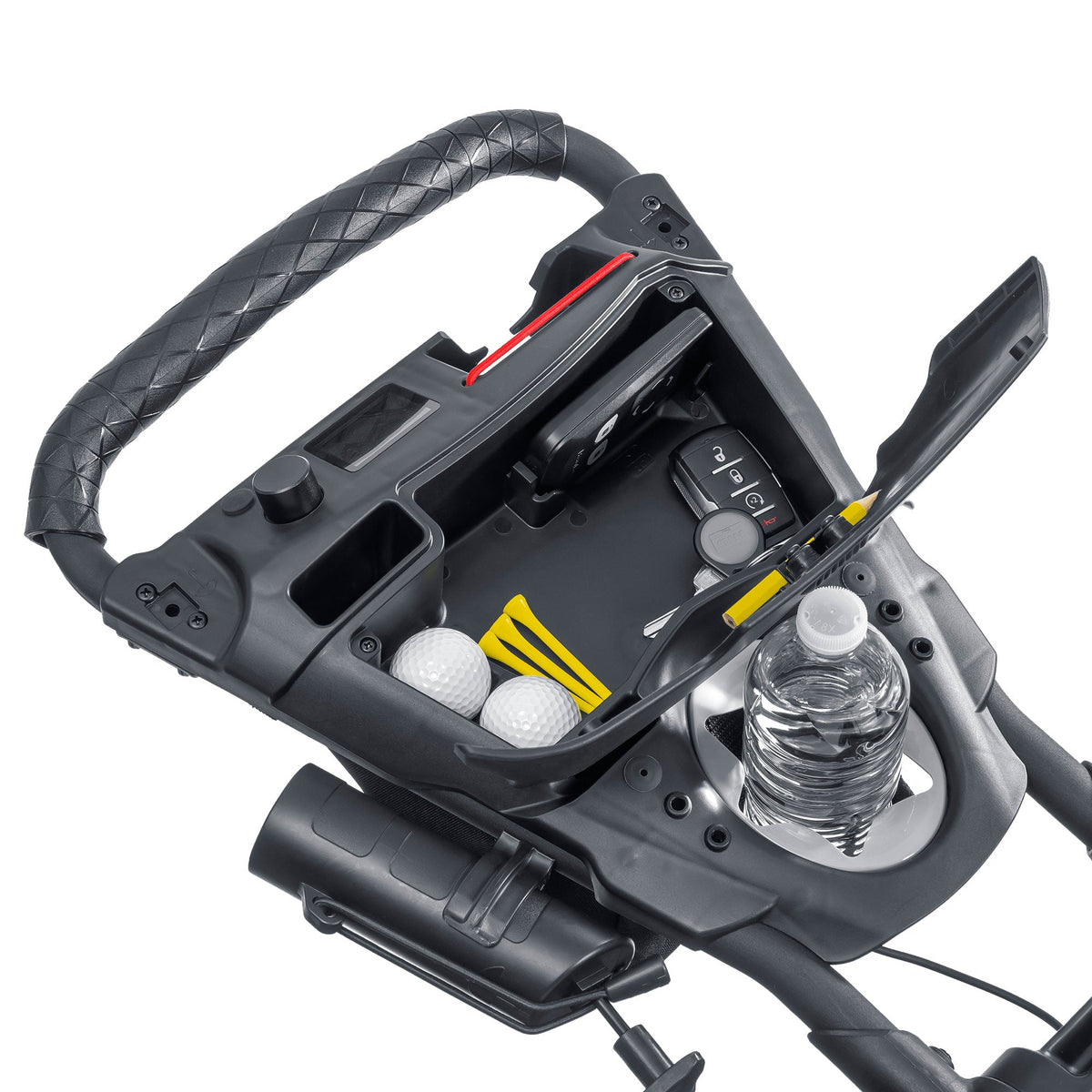 Bag Boy Volt golf cart, white, console open
