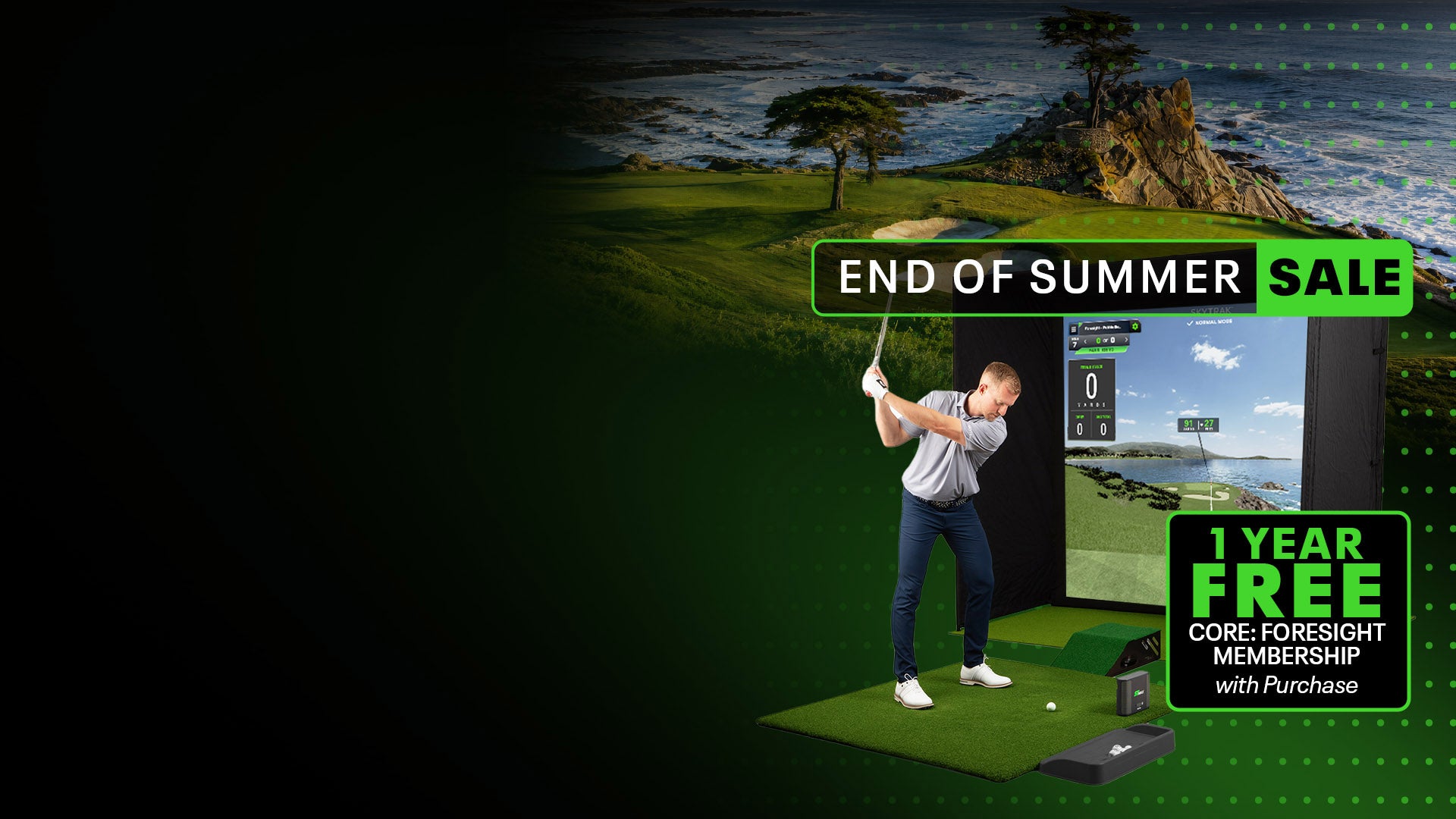 A man in a golf simulator wearing a white shirt and blue jeans, swinging a golf club in front of a coastal golf course backdrop. Promotional text overlays read 'END OF SUMMER SALE' and '1 YEAR FREE CORE-FORESIGHT MEMBERSHIP with Purchase'.

