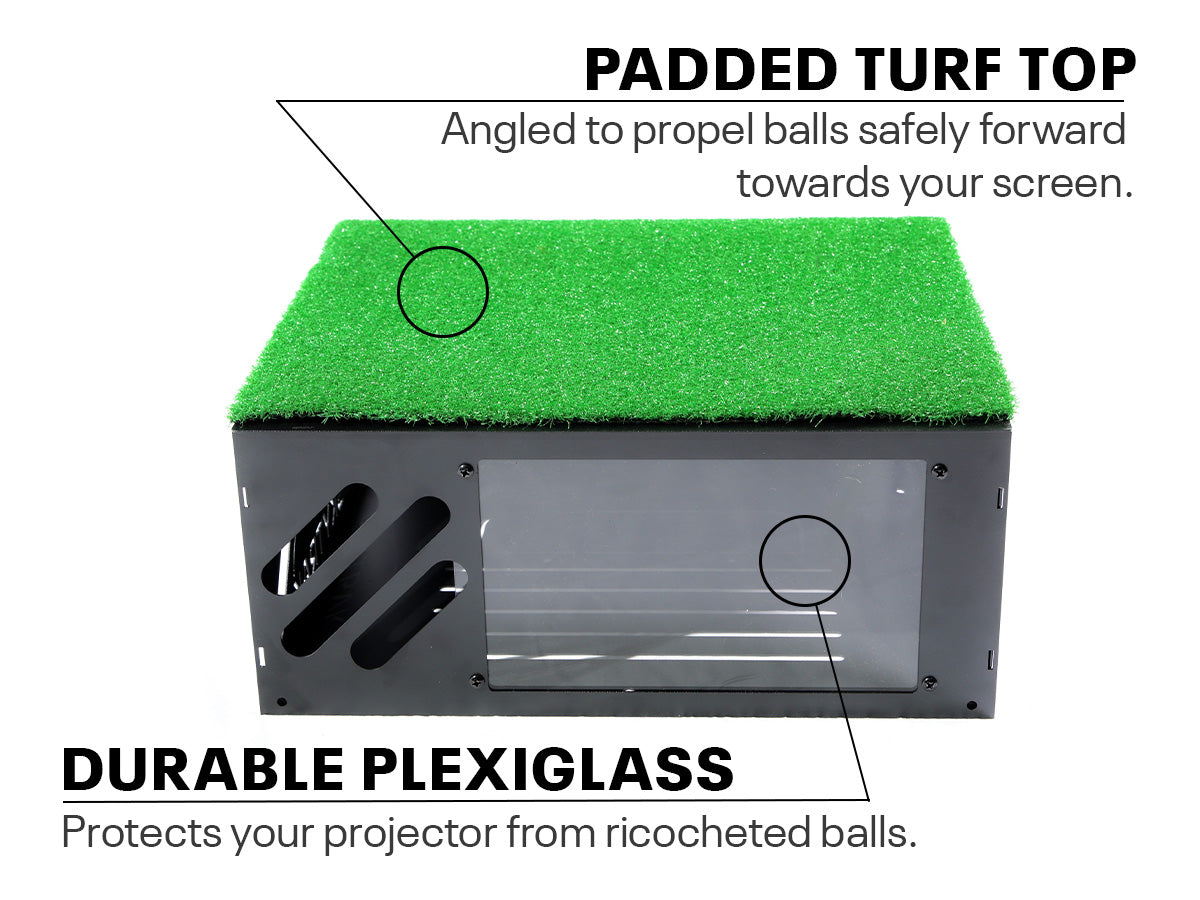 Padded turf top and durable plexiglass to protect projector from  ricocheted shots 
