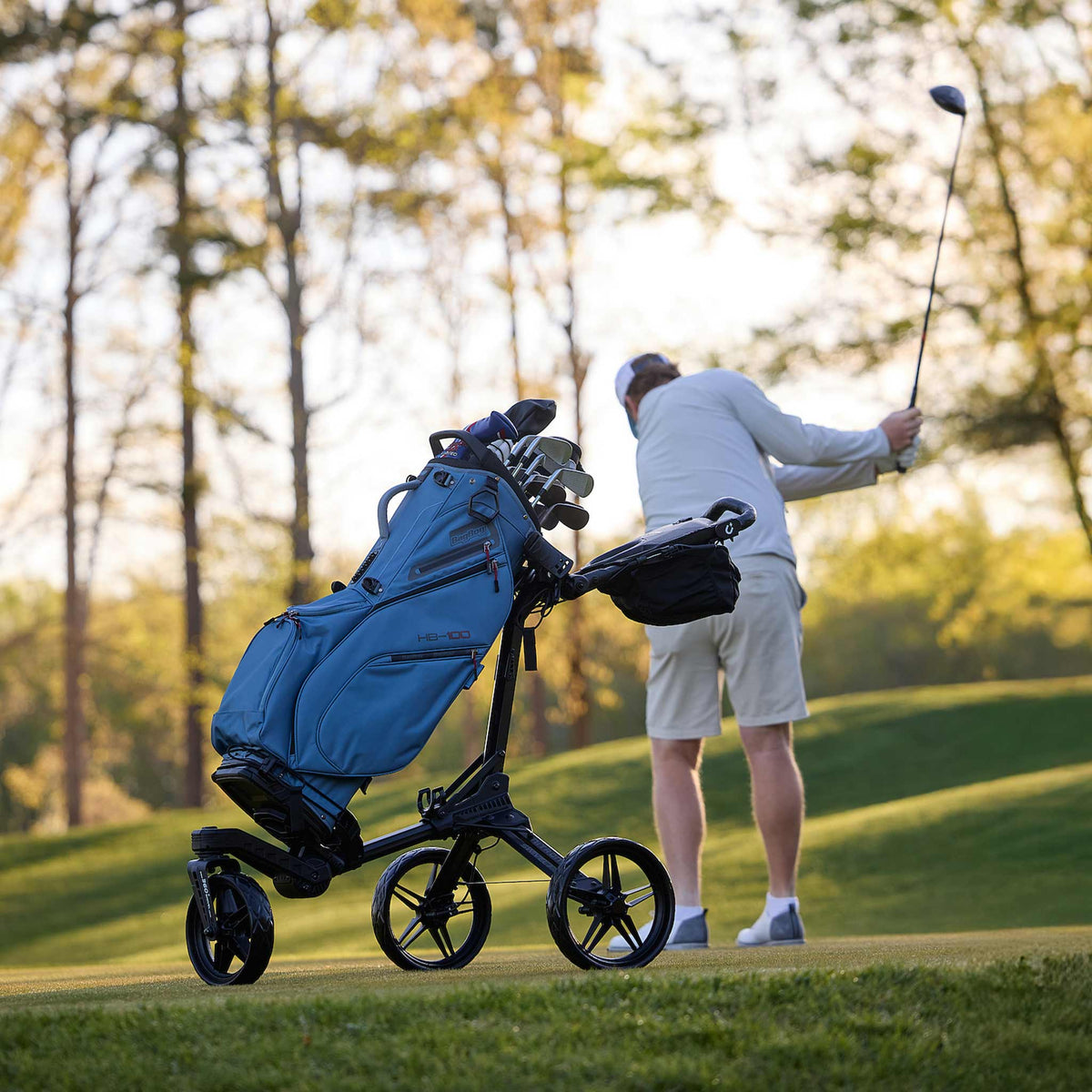 Bag Boy Nitron Swivel golf cart on a tee box