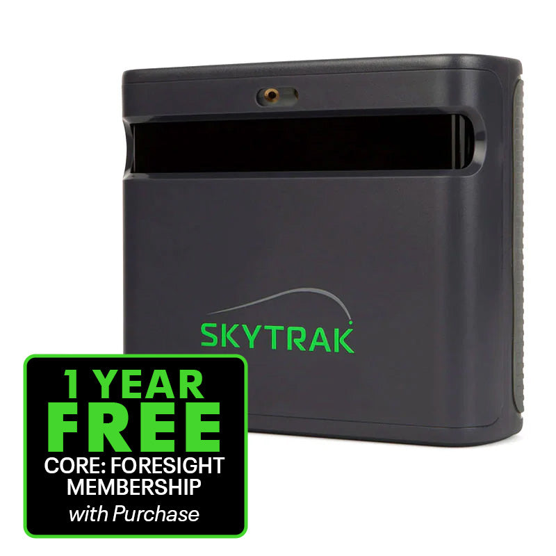 A black Skytrak electronic device with a green logo on the front, shown against a white background with a green promotional badge in the lower-left corner.