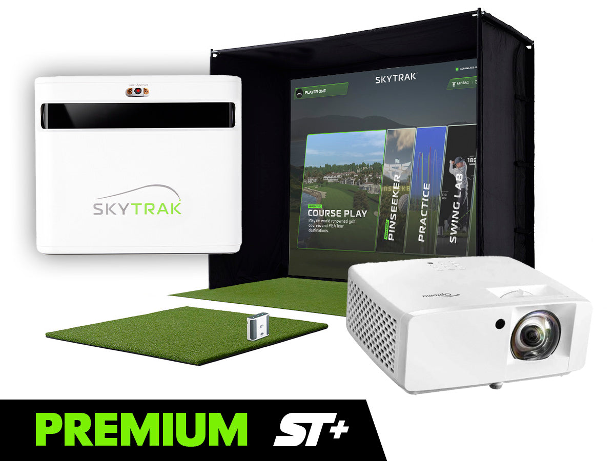 Skytrak golf simulator with screen, projector, and mat on a white background