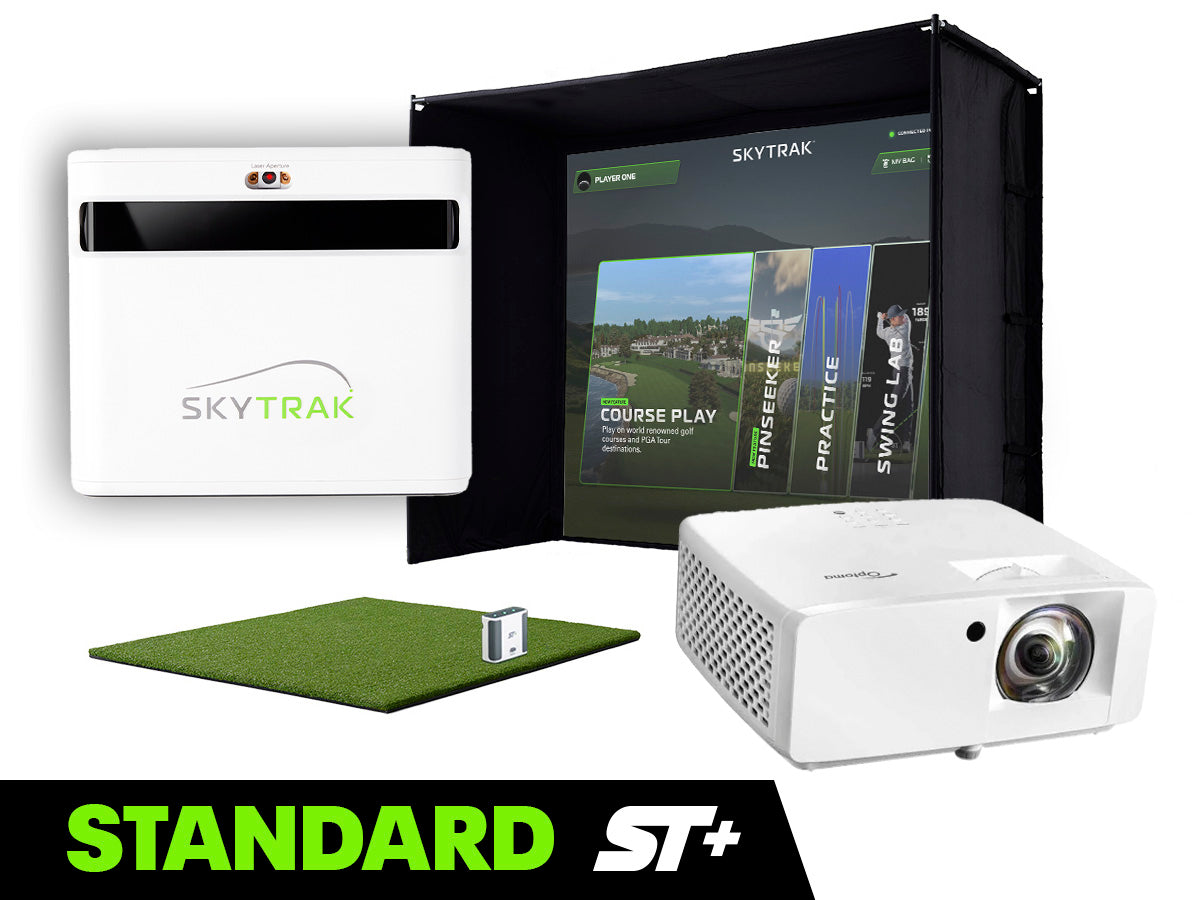 SKYTRAK ST+ indoor golf simulator studio with screen, projector, and mat on a white background.