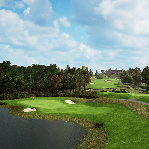Golf course with green fairway, sand bunkers, and trees under a blue sky.