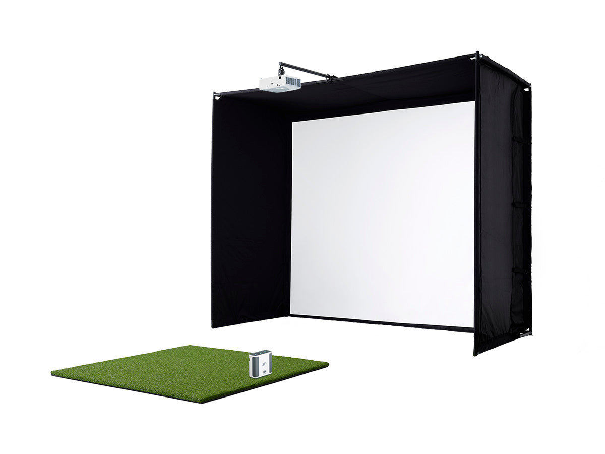 Golf practice simulator with screen and grass mat on a white background