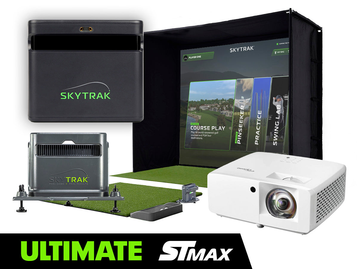SKYTRAK indoor golf simulator studio with projector and screen on a white background