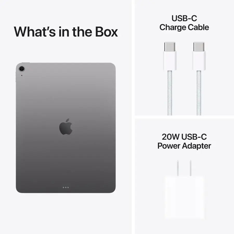 Product packaging list showing an iPad, USB-C charge cable, and 20W USB-C power adapter.