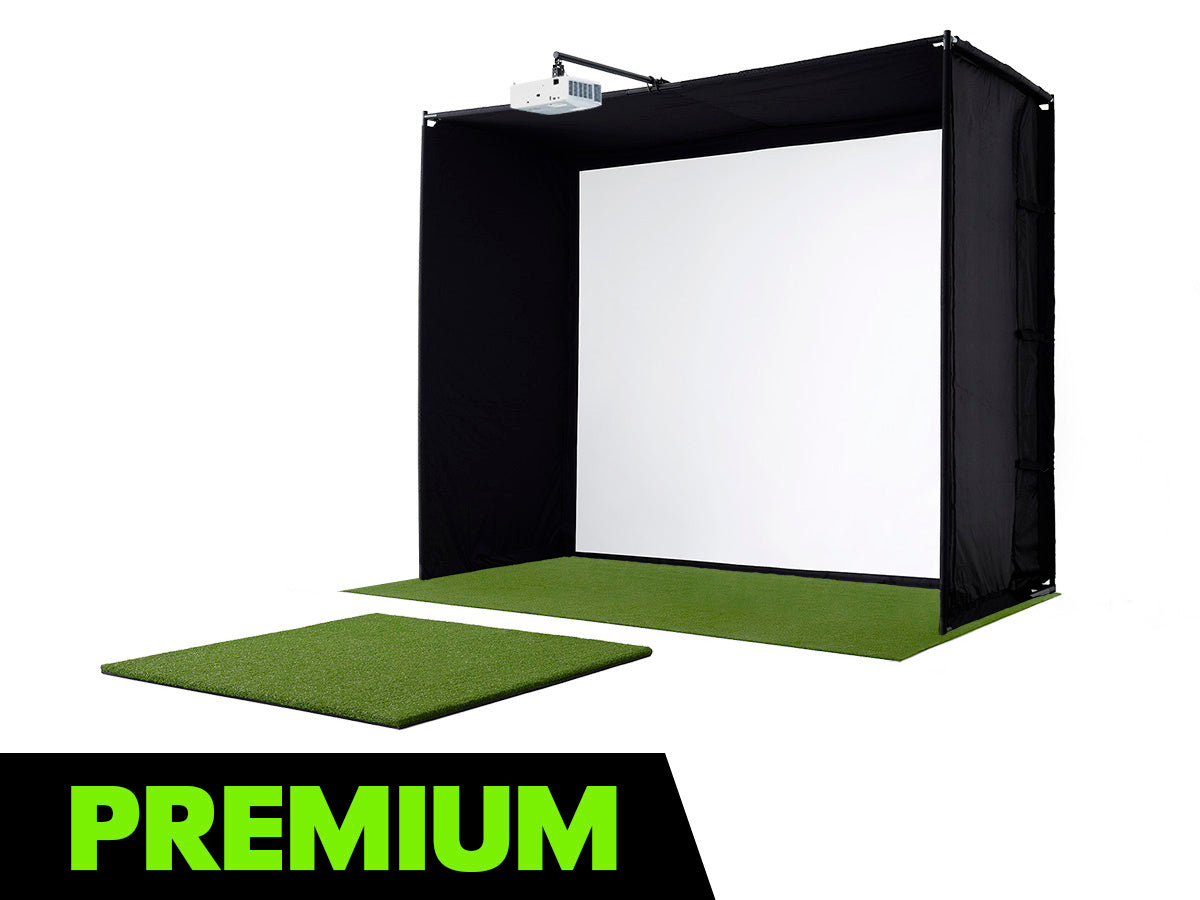Golf practice simulator with black frame, white screen, and green mat on a white background.