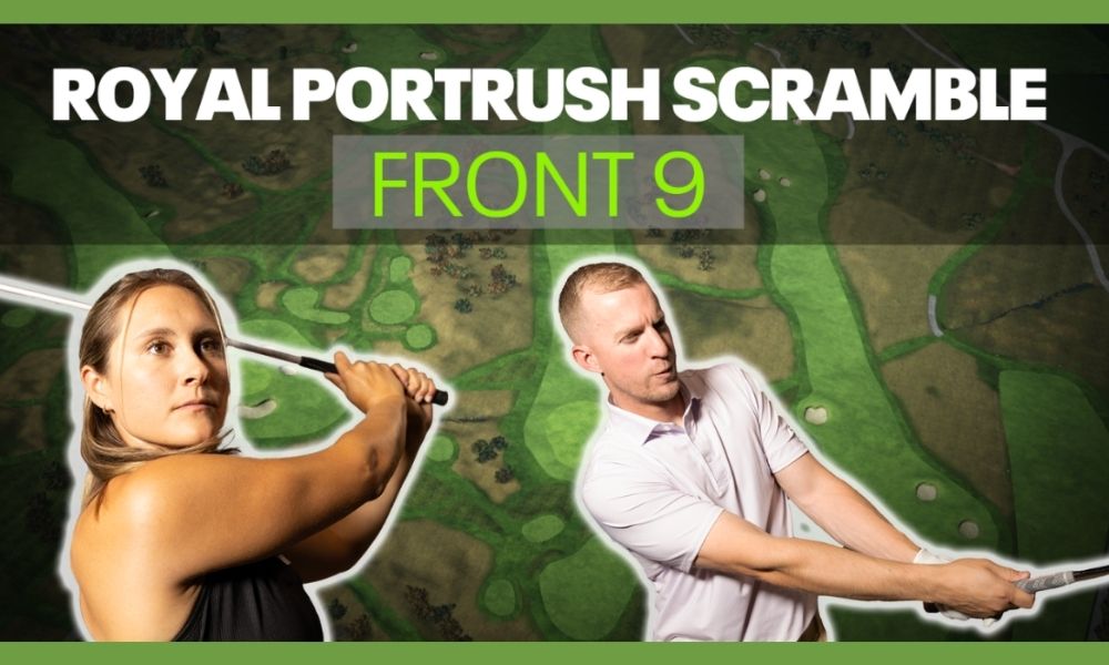 Royal Portrush Scramble Front 9 with two golfers and a golf course background.