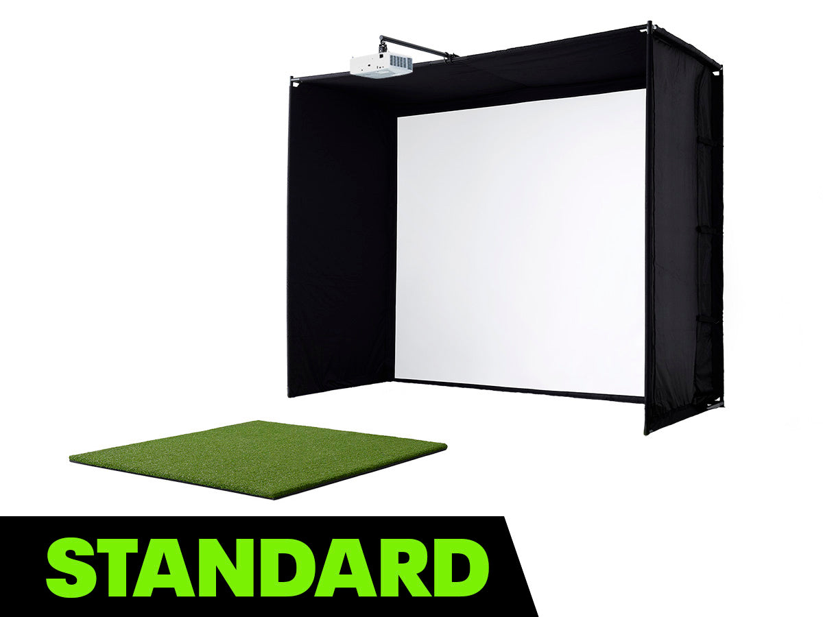 Golf practice simulator setup with screen and green mat on a white background